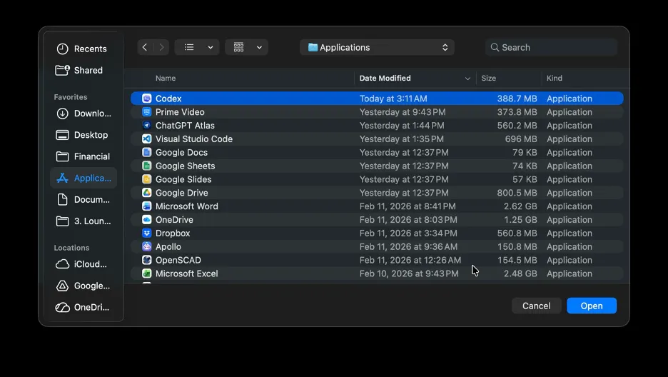 The Applications window with Codex selected and a 3:11 a.m. timestamp.