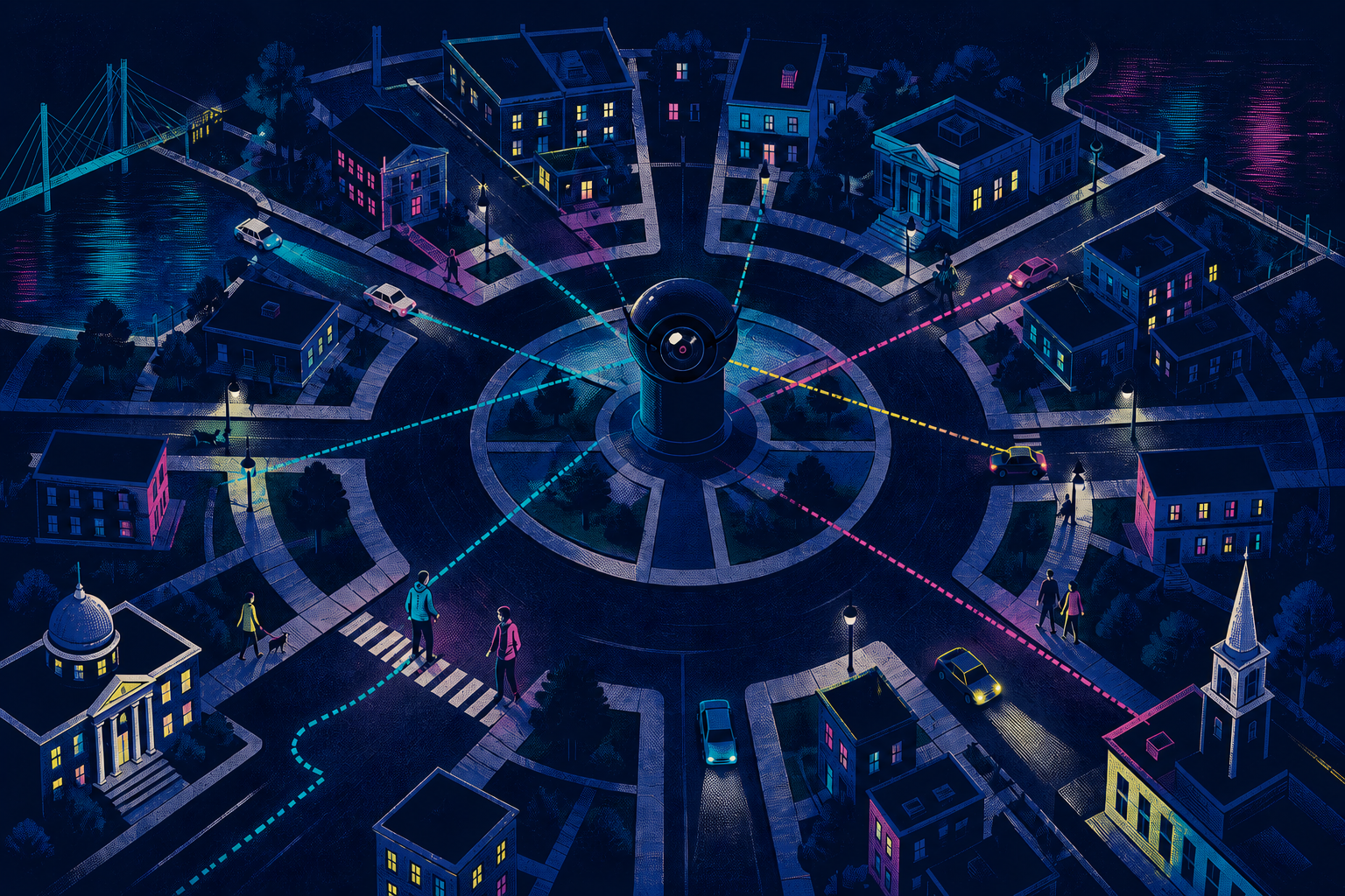 Contemporary campaign illustration of a neighborhood surrounding a central observation tower