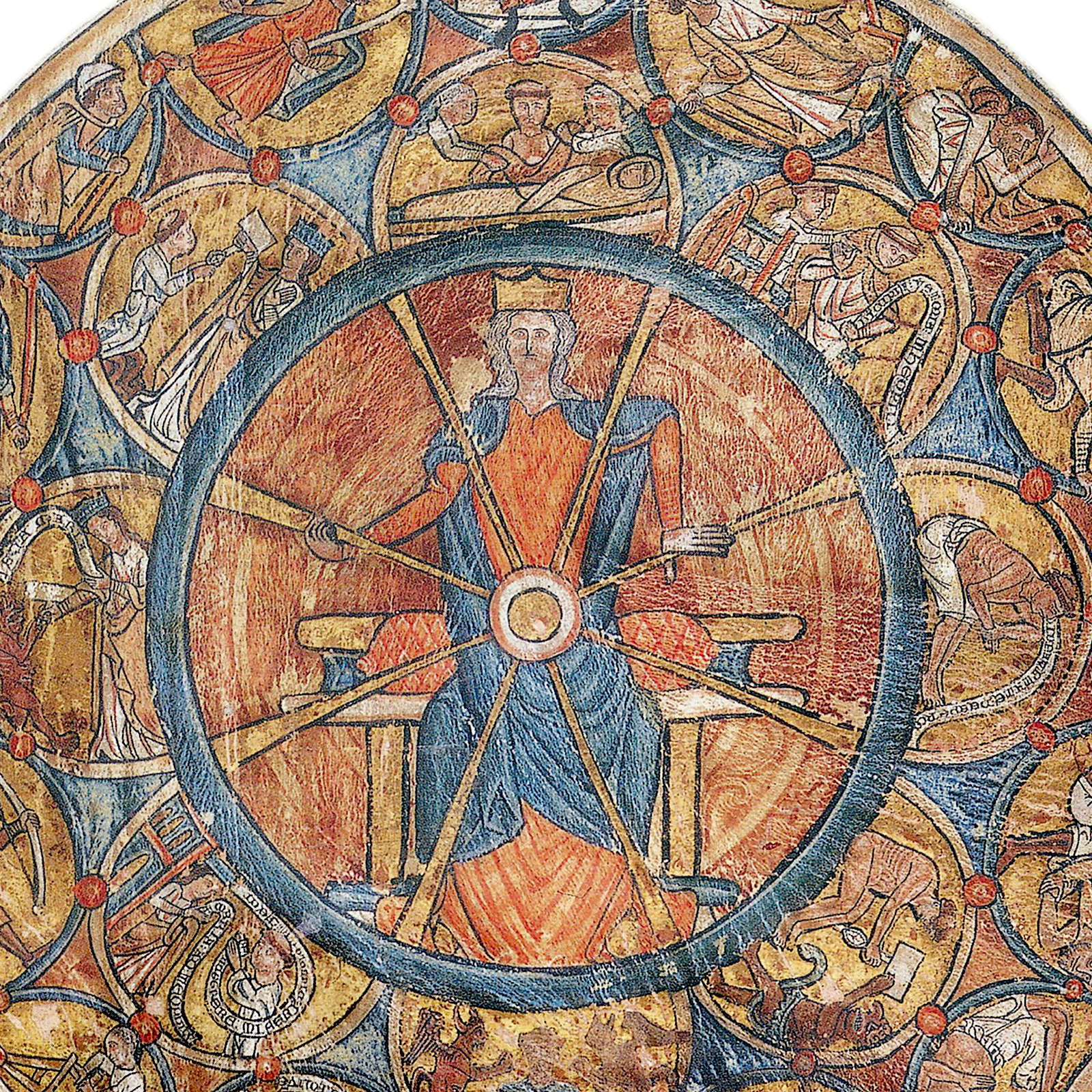 Fortuna seated at the center of a medieval wheel, surrounded by figures rising and falling with fortune.
